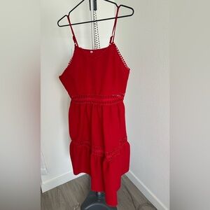Red Spaghetti Strap Sweetheart Neck Crochet Waistband A-line Mini Dress